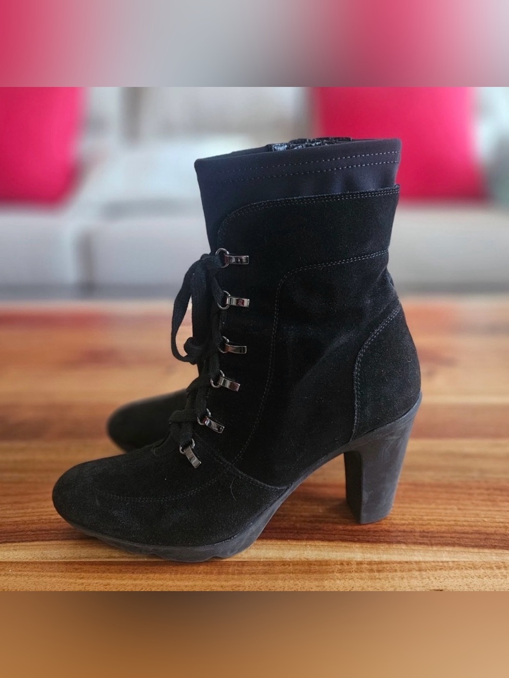 Aquatalia Black Suede Lace Up Ankle Boots, Block Heel, Lug Sole